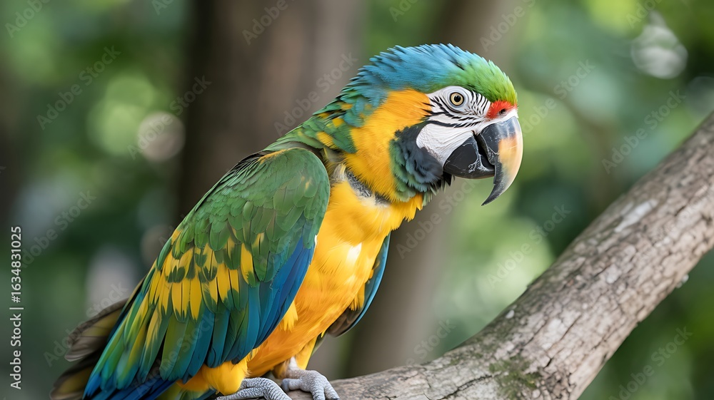 Fototapeta premium Blue and yellow macaw perched on a branch parrot green