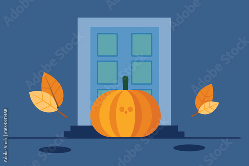 pumpkin lantern sitting on a doorstep with two lea