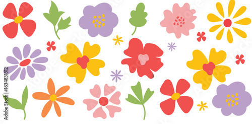 Decorative hand-drawn flowers in flat style. Colorful florals on dark background. Bright botanical illustration with abstract leaves and blossoms. Perfect for textiles  wallpapers  and backgrounds