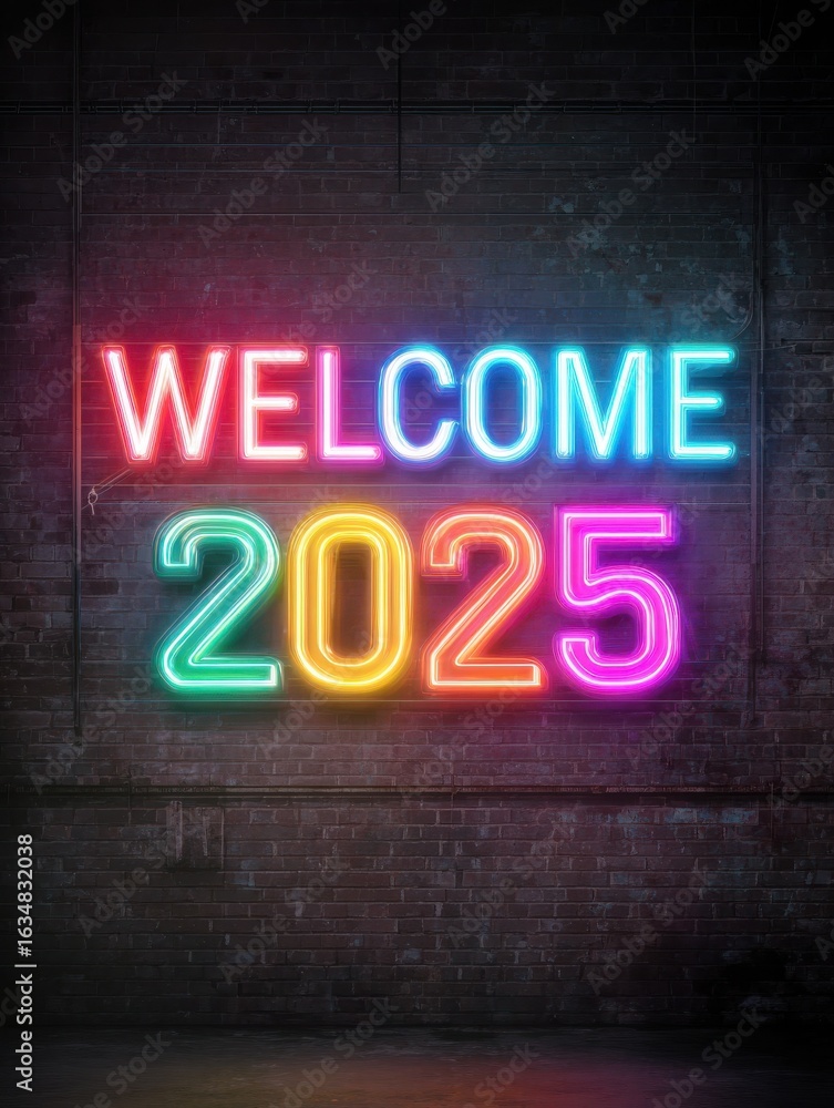 Obraz premium a neon sign that says welcome to 2025 in neon colors