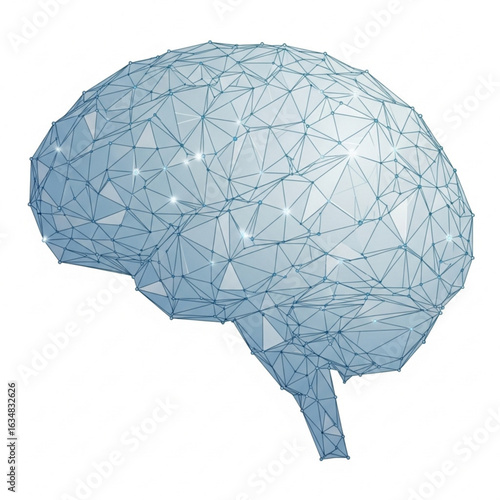 Illustration of a human cerebrum with polygonal mesh and glowing points on white plain surface view