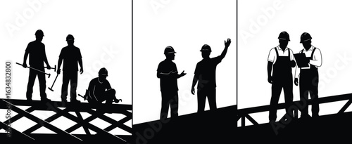 Construction workers silhouette on building site, teamwork with tools, engineers in discussion, contractor planning, black vector illustration for design projects