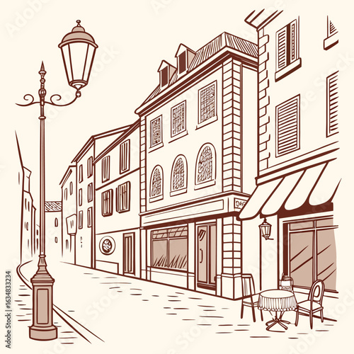 Vintage Shop Window Illustration with Building and Street Scene