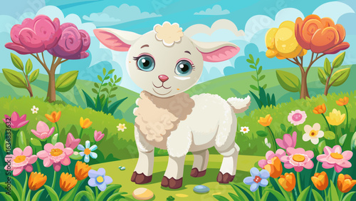 very Beautiful A cute baby spring lamb in a field of spring flowers.