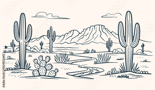 Hand-Sketched Vintage Western Desert Landscape – Black and White Ink Drawing with Cactus, Rocks, Mountains, and Dry Riverbed in Minimal Bold Line Art Style for Apparel and Vector Design Use