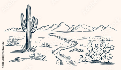 Hand-Sketched Vintage Western Desert Landscape – Black and White Ink Drawing with Cactus, Rocks, Mountains, and Dry Riverbed in Minimal Bold Line Art Style for Apparel and Vector Design Use