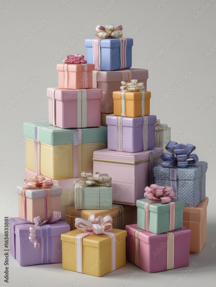 Obraz premium there is a stack of colorful gift boxes adorned with ribbons the gifts are stacked on top of each other and come in various colors and sizes generative ai