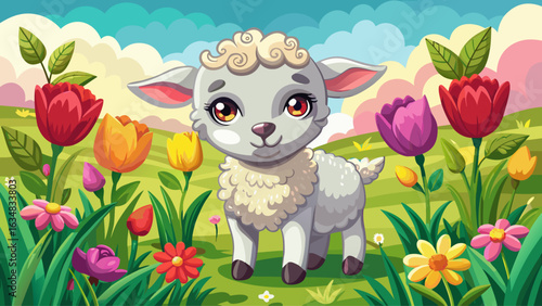 very Beautiful A cute baby spring lamb in a field of spring flowers.