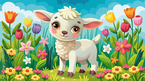 very Beautiful A cute baby spring lamb in a field of spring flowers.