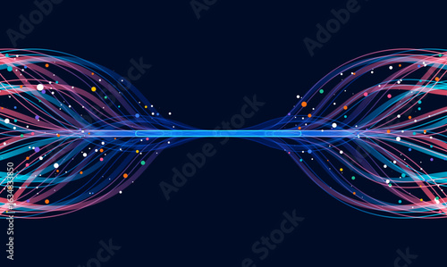 Curved multicolor lines and floating particles diverging from center on dark background, symbolizing data visualization, AI learning, and digital flow.