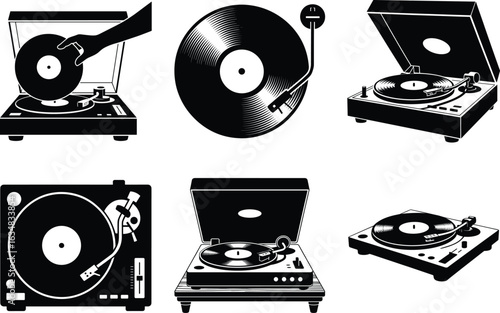 Vinyl Record Player silhouette. Retro audio turntable music SVG equipment. Record Player Vector clipart isolated on white.