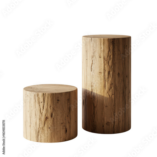 Two wooden log stools of different heights isolated on transparent background