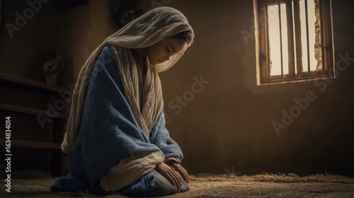 Young Mary kneels alone in a humble Nazareth room, soft light from a small window bathing her in quiet prayer and gentle hope.