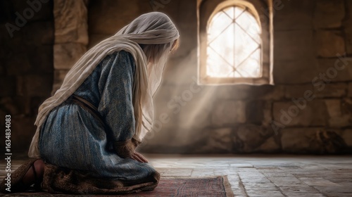 Young Mary kneels alone in a humble Nazareth room, soft light from a small window bathing her in quiet prayer and gentle hope.