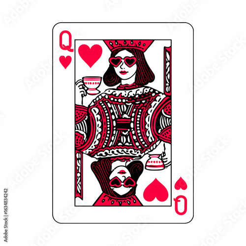 Background Color:,White Main Design, A reimagined Queen of Hearts playing card where the queen is sipping espresso and wearing heart-shaped sunglasses