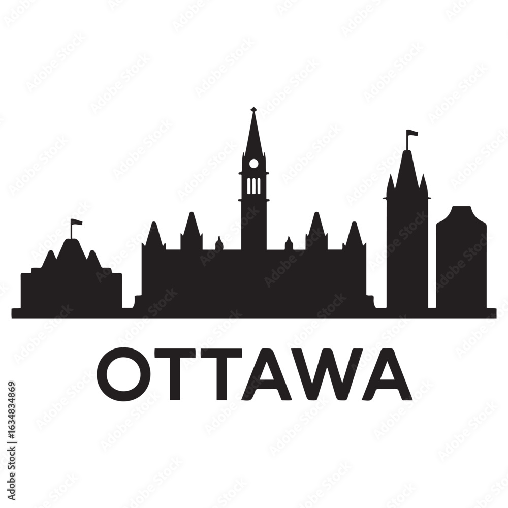 Naklejka premium Vector Ottawa skyline. Travel Ottawa famous landmarks. Business and tourism concept for presentation, banner, web site. Vector black silhouette. with white background.