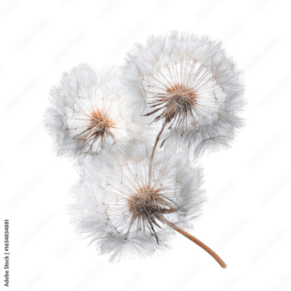 Obraz premium Fluffy dandelion seed heads, close-up, white background, nature