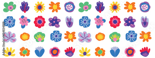 Decorative hand-drawn flowers in flat style. Colorful florals on dark background. Bright botanical illustration with abstract leaves and blossoms. Perfect for textiles  wallpapers  and backgrounds