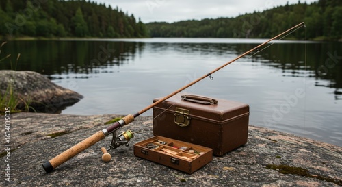 Fishing gear rests on a rock by a serene lake surrounded by trees in the afternoon