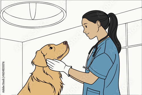 Vector illustration of a female healthcare worker in blue scrubs and white gloves, holding a dog—ideal for medical, lab, or hospital-related designs.