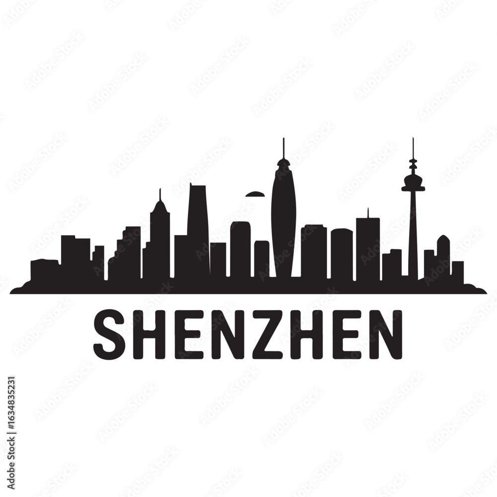 Fototapeta premium Shenzhen skyline horizontal banner. Shenzhen, China. Vector template for your design. Vector black silhouette. with white background.