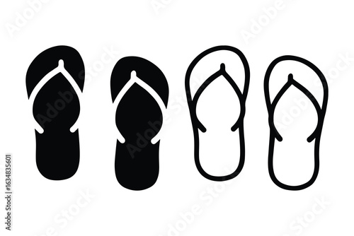 A vector illustration of a pair of black and white flip-flops for casual summer beach fashion