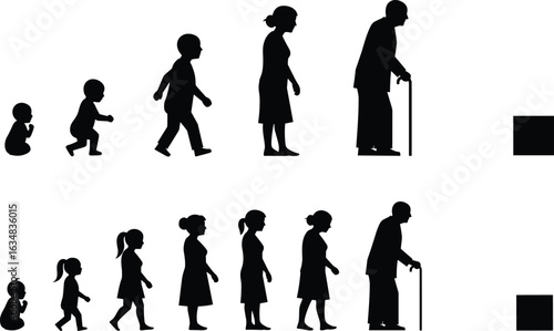 Human life stages evolution, baby to elderly, male and female aging silhouette, age progression concept, isolated black vector icons