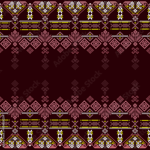 Gorgeous Delicate Traditional Pixel Art Textile Pattern in Maroon, Pink, Yellow, and White Geometric Design