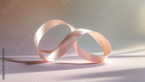 Artistic portrait photography of a single delicate satin ribbon forming a perfect infinity loop with a soft gentle shadow cast upon a soothing pastel colored background, the ribbon's subtle sheen 