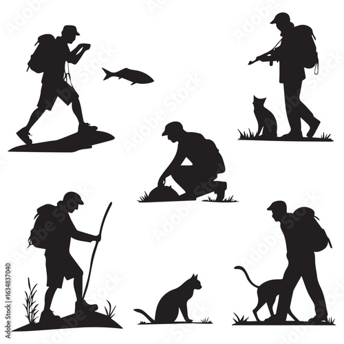 Diverse silhouettes of outdoor activities including hiking fishing hunting and companionship with animals