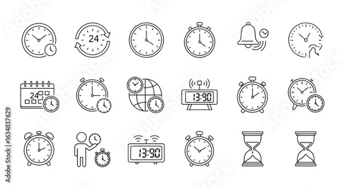 Collection of time and clock icons isolated on white background