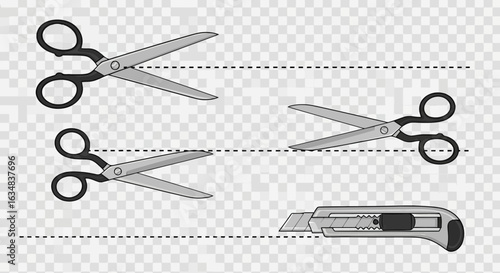 Scissors and cutter cutting dashed lines isolated on white background