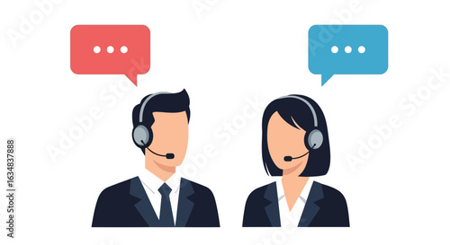 Customer service operators with headsets communicating isolated on white background