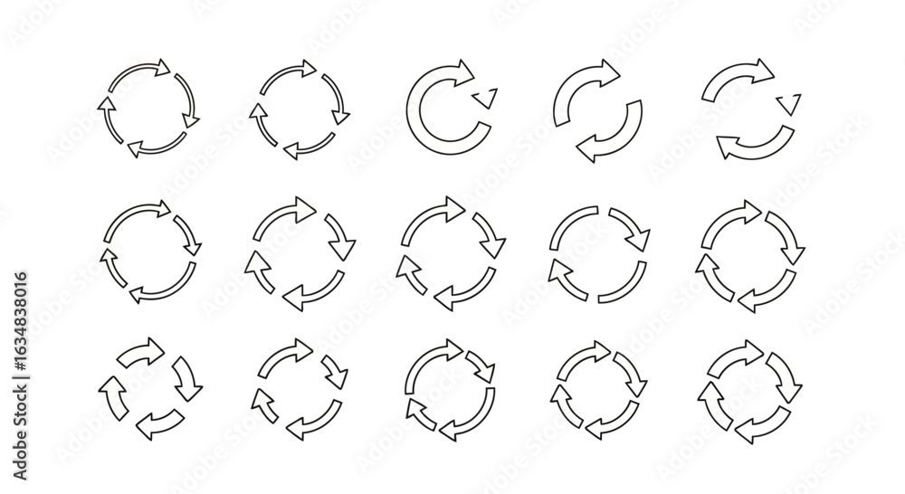 Fototapeta premium Arrow cycle icon set. Includes 16 circular arrow symbols. Created in line style with black and white color palette.