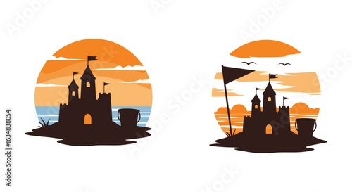 professional high quality Silhouette Illustrations of Castles on Beaches at Sunset