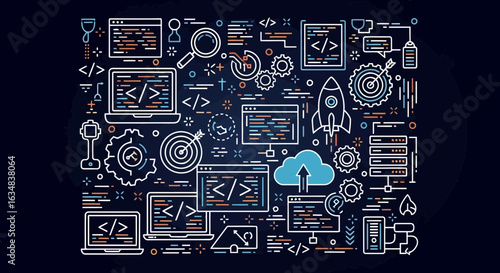 Programming and coding icon collection. Includes coding symbols, computer icons, and software development elements. Created in line style with blue and orange palette.