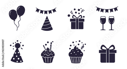 modern detailed professional high quality Birthday Party Icons in Silhouette Style