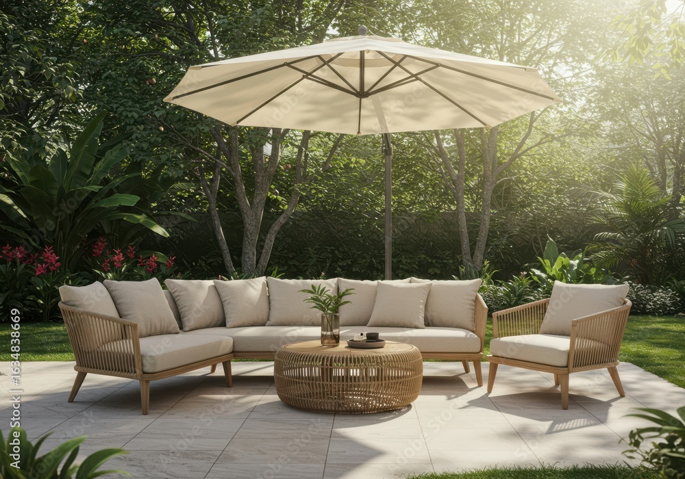 Fototapeta premium Elegant outdoor patio furniture set with umbrella and coffee table
