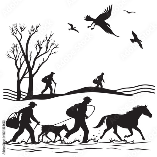 Silhouetted figures of hunters with dogs and a horse walking through a snowy landscape with bare trees and birds flying overhead