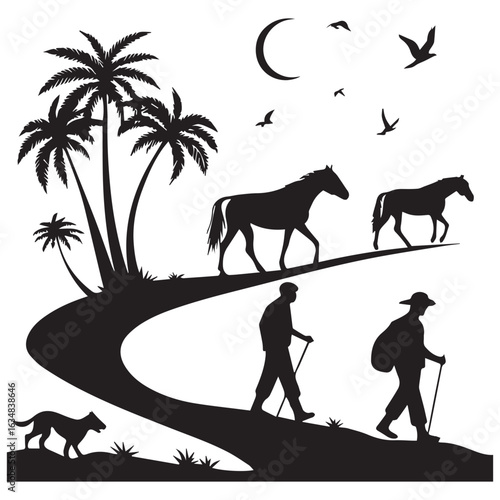 Silhouetted figures with horses and a dog walk along a winding path under palm trees with a crescent moon and birds in the night sky