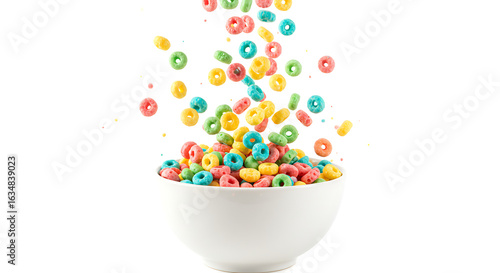 A captivating image displaying vibrant, colorful ring-shaped cereal pieces in motion, seemingly pouring into a pristine white bowl against a