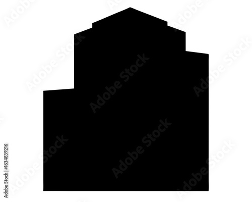Architectural silhouette of a multistorey building with distinct levels and a pointed top.
