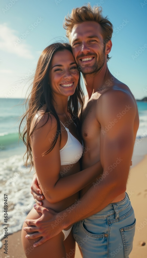 Fototapeta premium Happy couple embracing on a sunlit beach