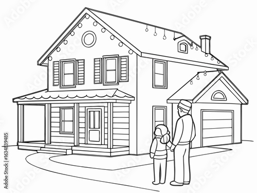 Father and Child Admiring a  Diwali House Decorated with Christmas Lights Drawn in Black and White