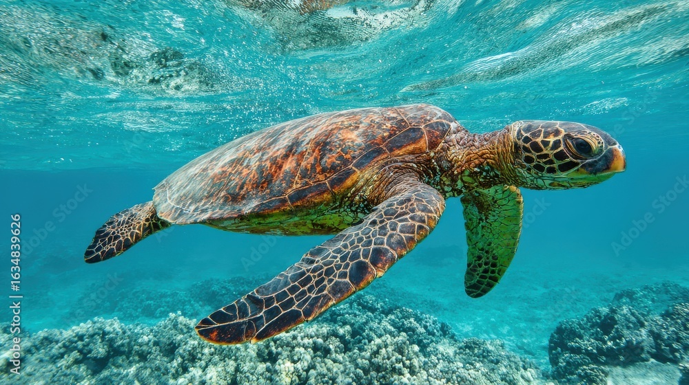 Obraz premium Sea turtle near coral reef in clear waters, perfect for ocean conservation, educational content, or serene underwater visuals.