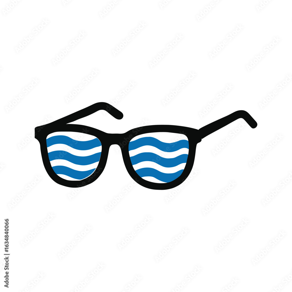 Fototapeta premium Sunglasses reflecting the ocean waves a summer getaway visual with black frames and blue water pattern for a modern minimalist design