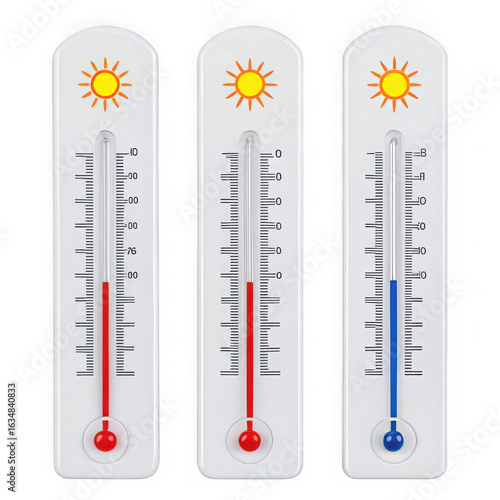 Three thermometers showing different temperature readings isolated on transparent background