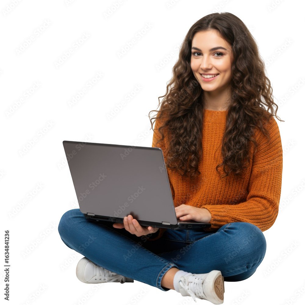 Naklejka premium Young woman with curly hair smiling while using a laptop computer sitting cross legged with a bright expression isolated on transparent background