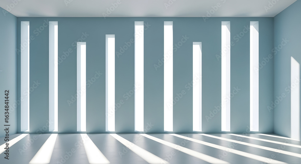 Obraz premium Minimalist Modern Room with Vertical Light Windows and Geometric Shadows – Abstract Interior Design