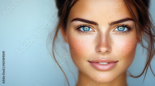Close-up portrait of a woman with striking blue eyes.